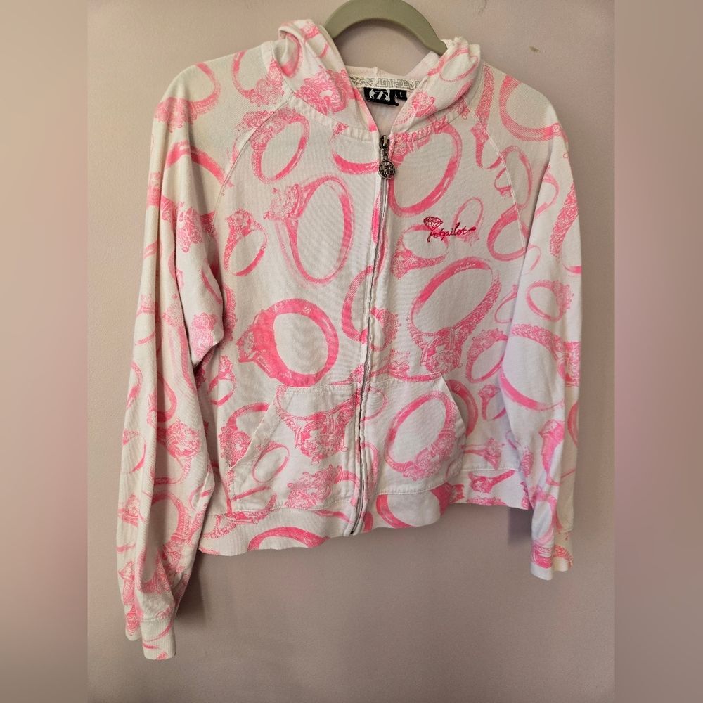 Vtg Y2K Jetpilot Pink Diamond Ring All-Over Print Zip-Up Hoodie - Size L